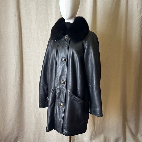 Vintage Black Leather Coat Removable Fox Fur Collar LNR Nordstrom Size‎ Large - Picture 3 of 11